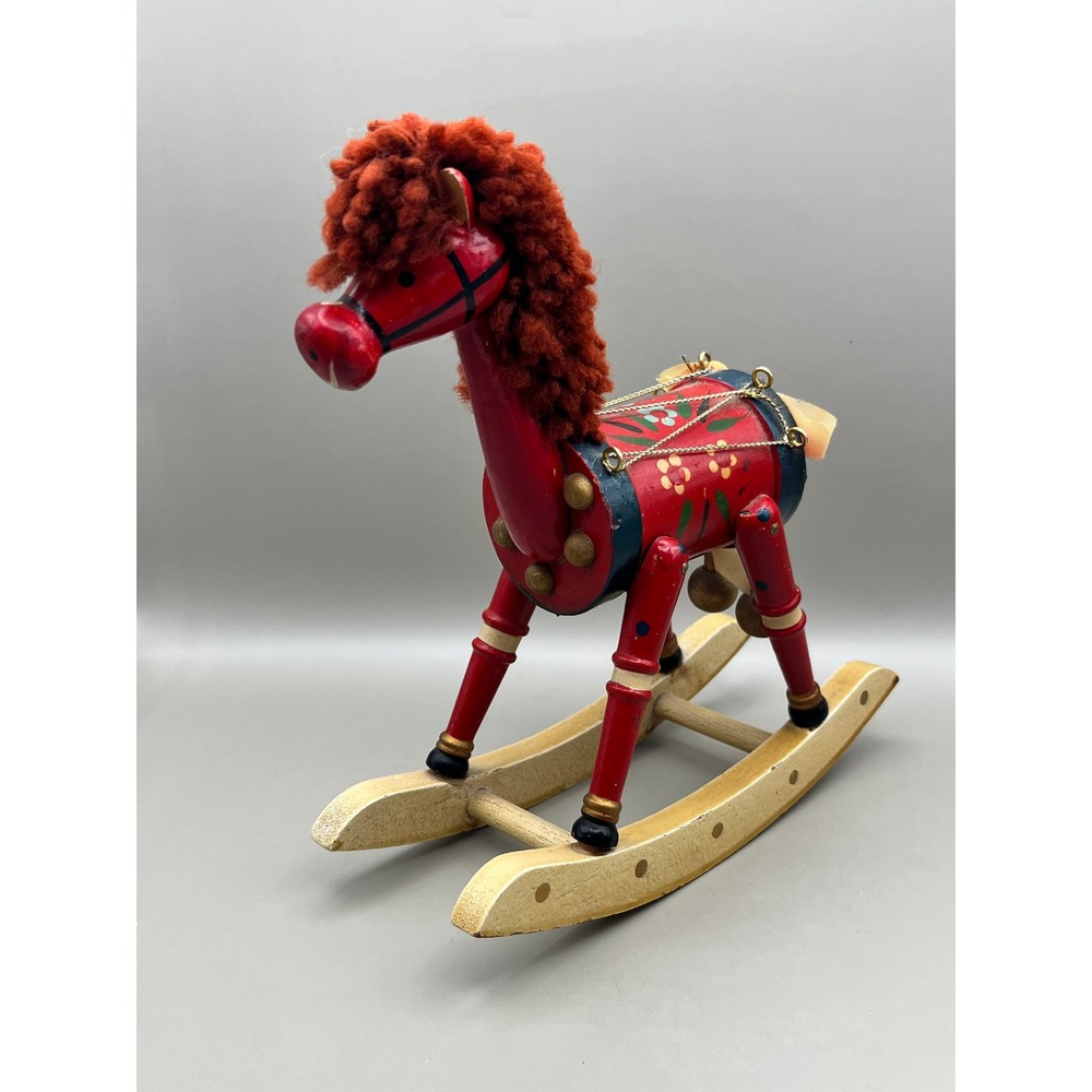 Vtg Hand Painted Wooden Rocking Horse Red Folk Art Figurine Yarn Mane 7" Nursery